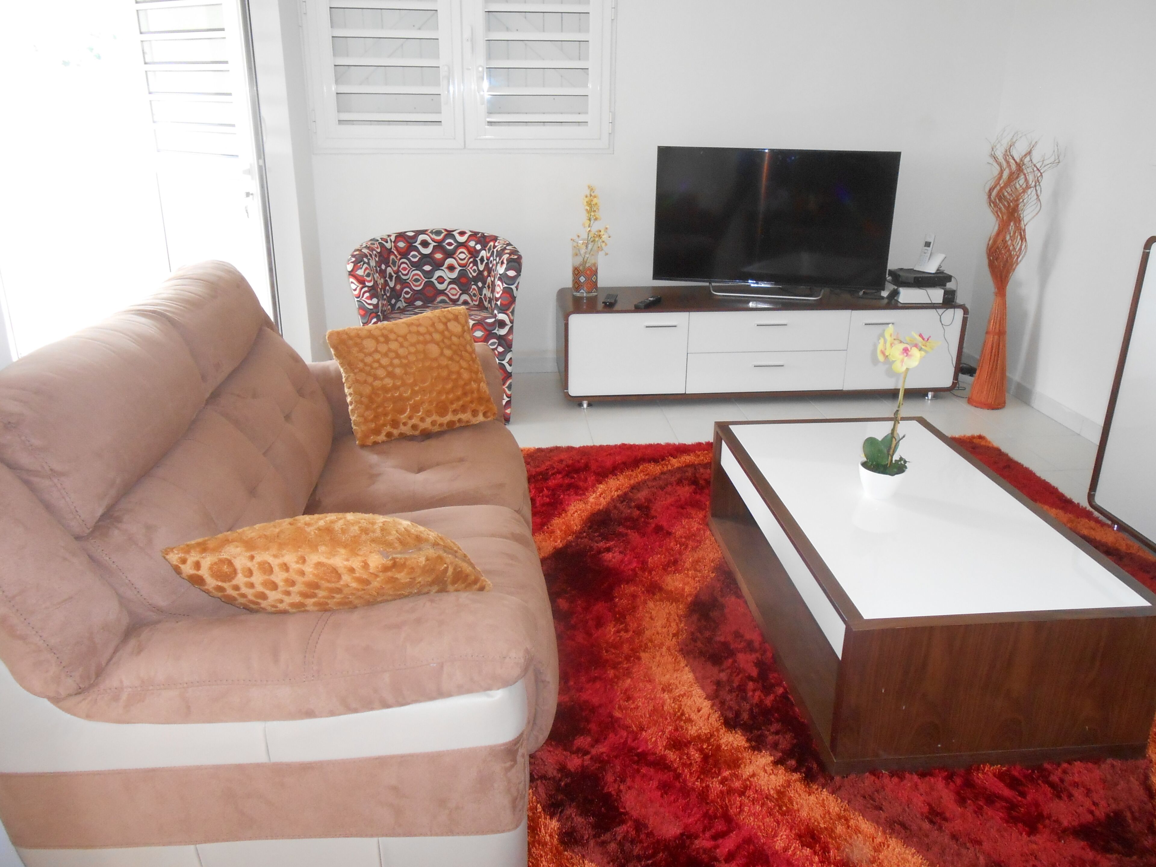 A living room with a sofa, a coffee table, a TV, and a cabinet.