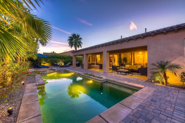 Outdoor pool, a heated pool - Walk to Coachella & Stage Coach: Private Pool, Spa, Firepit, Pool Table, Casita (Indio)