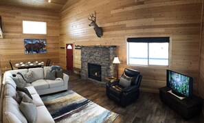 Smart TV, fireplace, DVD player, books