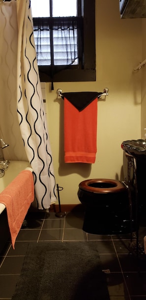 Een bad/douchecombinatie, een haardroger, handdoeken, zeep