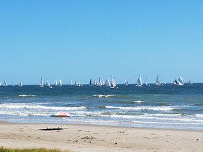 A beach with sailboats in the water and a beach umbrella on the sand.