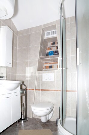 Shower, hair dryer, towels, soap