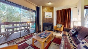 TV, fireplace, books