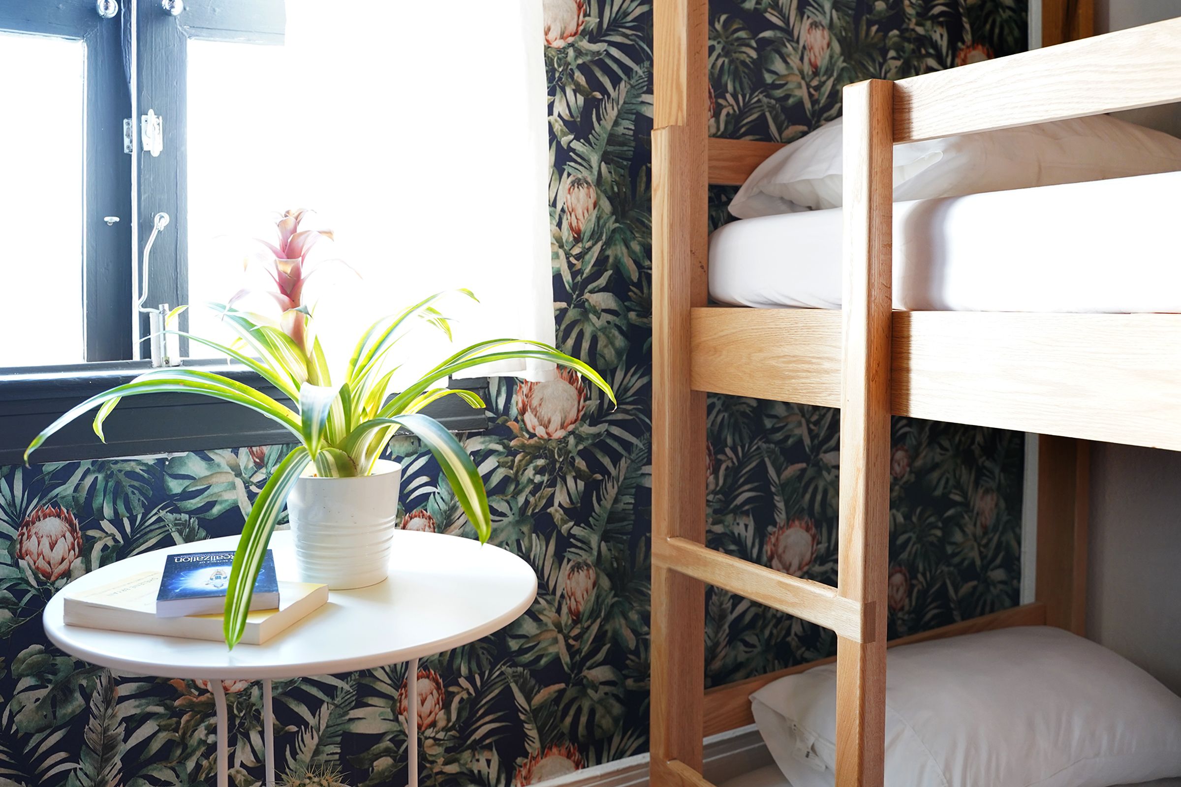 Una cama litera con colchón blanco, una pequeña mesa redonda con una planta en maceta y un libro, y una ventana con un estampado floral.