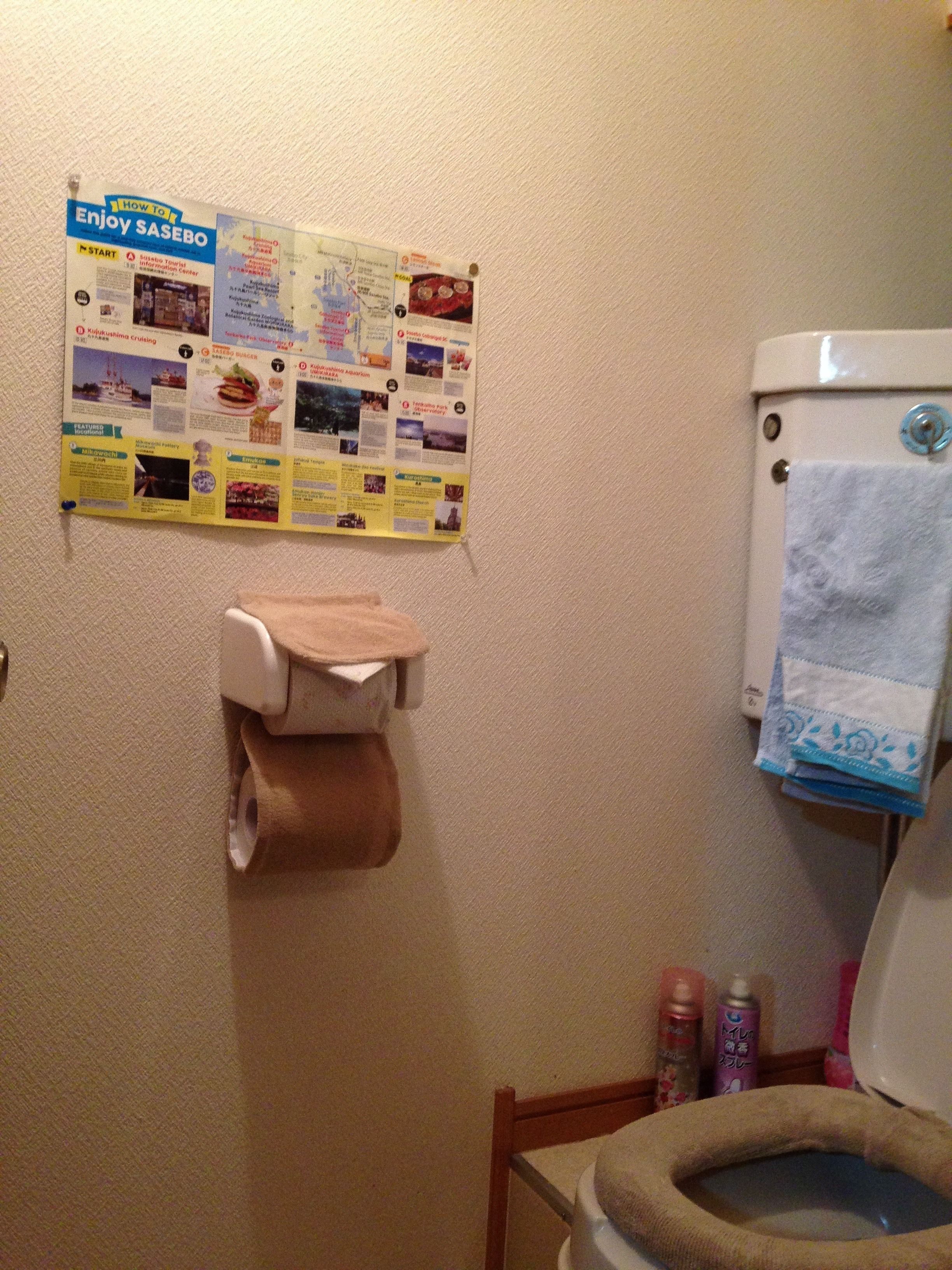 Een badkamer met toilet, een rol toiletpapier, een handdoek aan de muur en een poster met lokale attracties.
