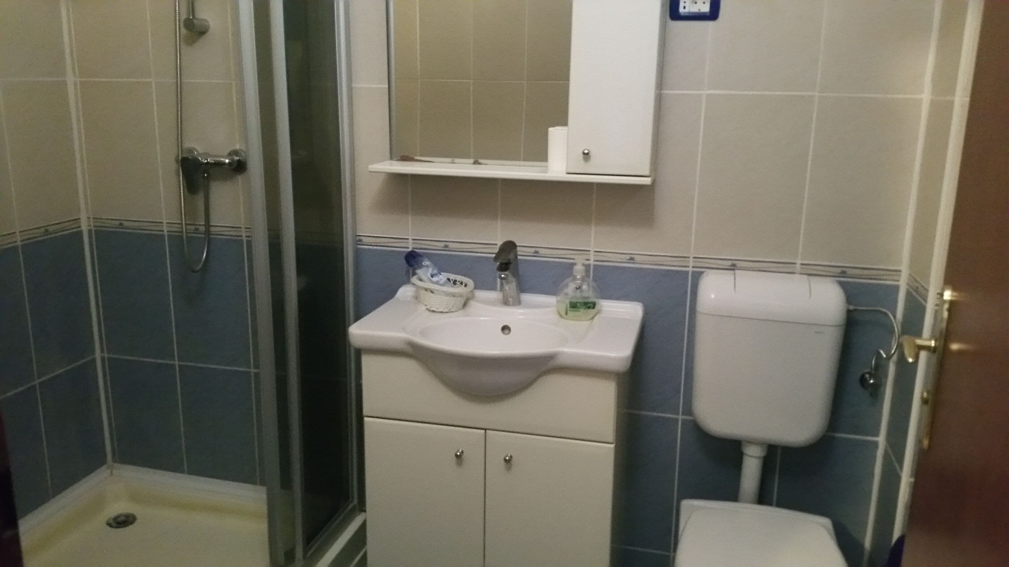 Un baño con lavamanos, espejo e inodoro.