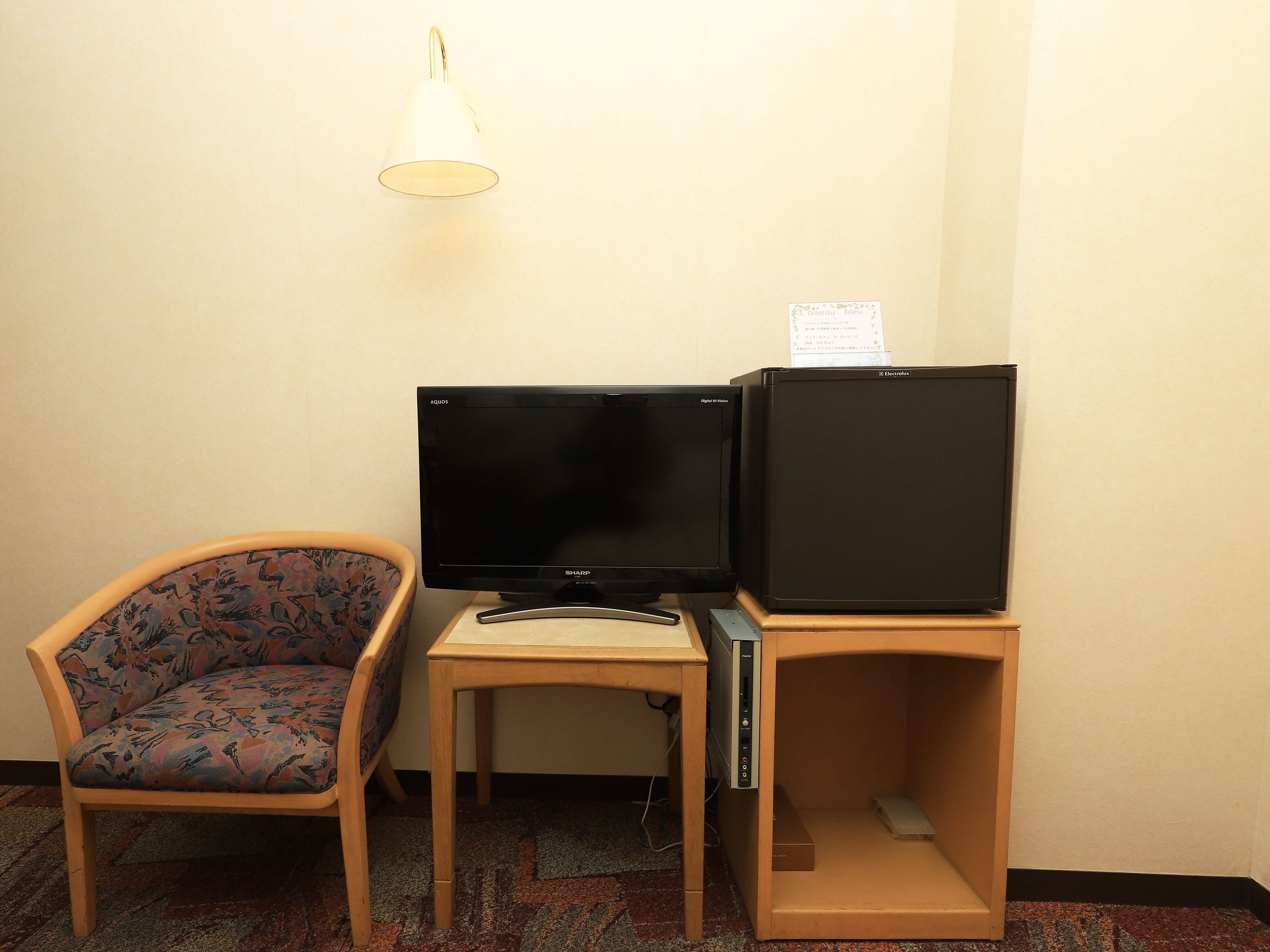 Habitació petita amb escriptori de fusta, televisió i nevera.