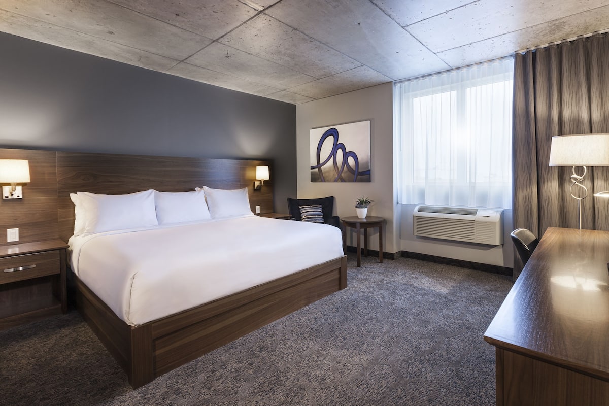 Habitación de hotel con una cama grande, mesitas de noche, un escritorio, una silla, una planta en maceta, un equipo de aire acondicionado y una ventana con cortinas.