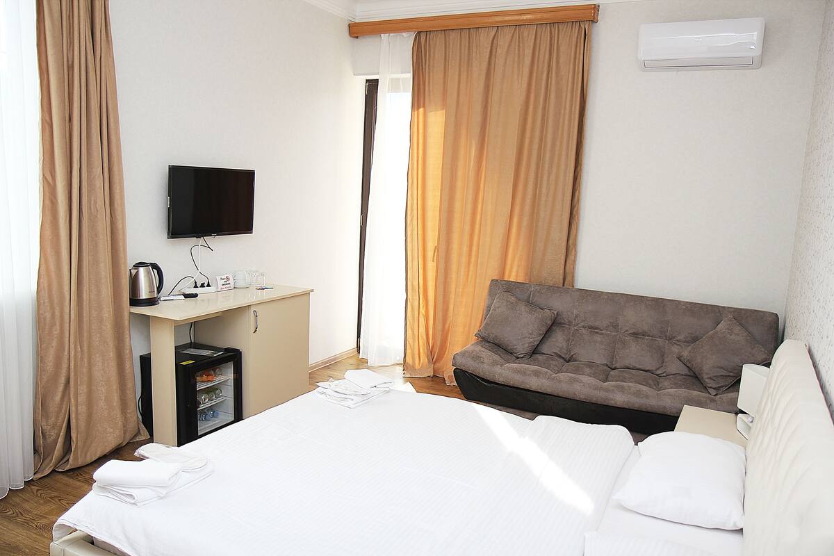 A hotel room with a bed, a sofa, a TV, a desk with a kettle, and a minibar.