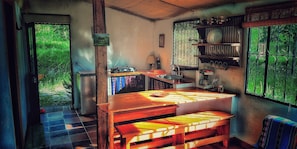 Fridge, microwave, stovetop, cookware/dishes/utensils