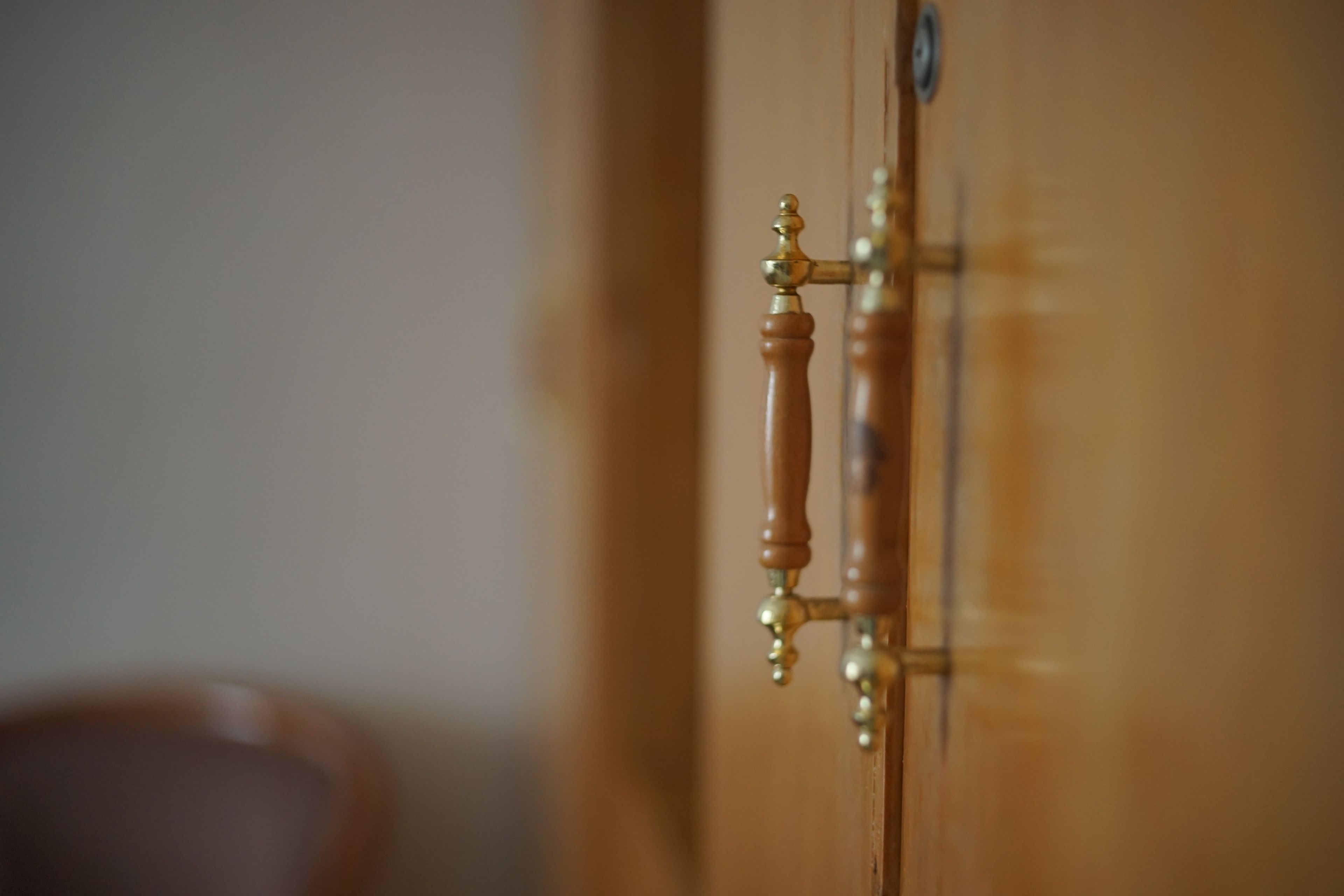 A close-up of a wooden door with a brass handle and lock.