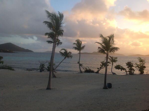 On the beach, sun-loungers, beach towels