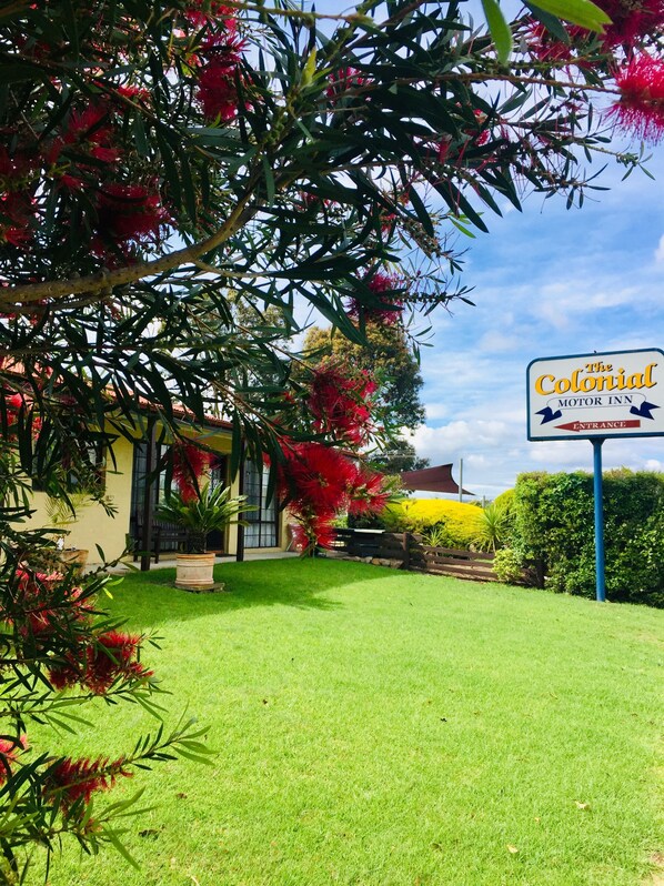 A well-maintained lawn with a sign for The Colonial Motor Inn. - Colonial Motor Inn Pambula (Pambula)