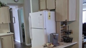 Eine kleine Küche mit einem Kühlschrank, einer Kaffeemaschine und einer Arbeitsplatte. Auf der Arbeitsplatte befinden sich zwei Hocker und eine Pflanze.