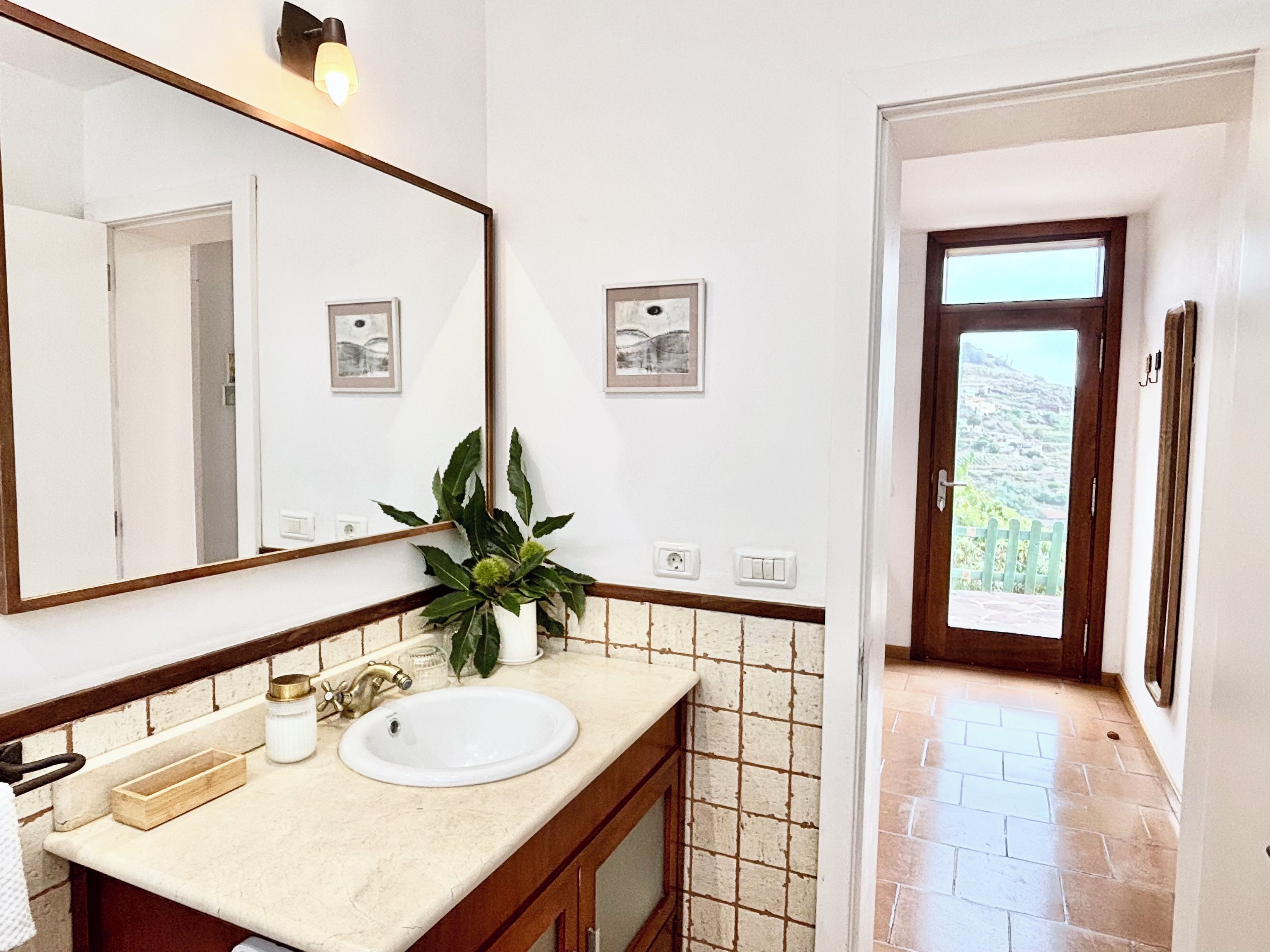 Un baño con un espejo grande, un lavamanos, una planta en maceta y vistas a un paisaje montañoso a través de una puerta abierta.