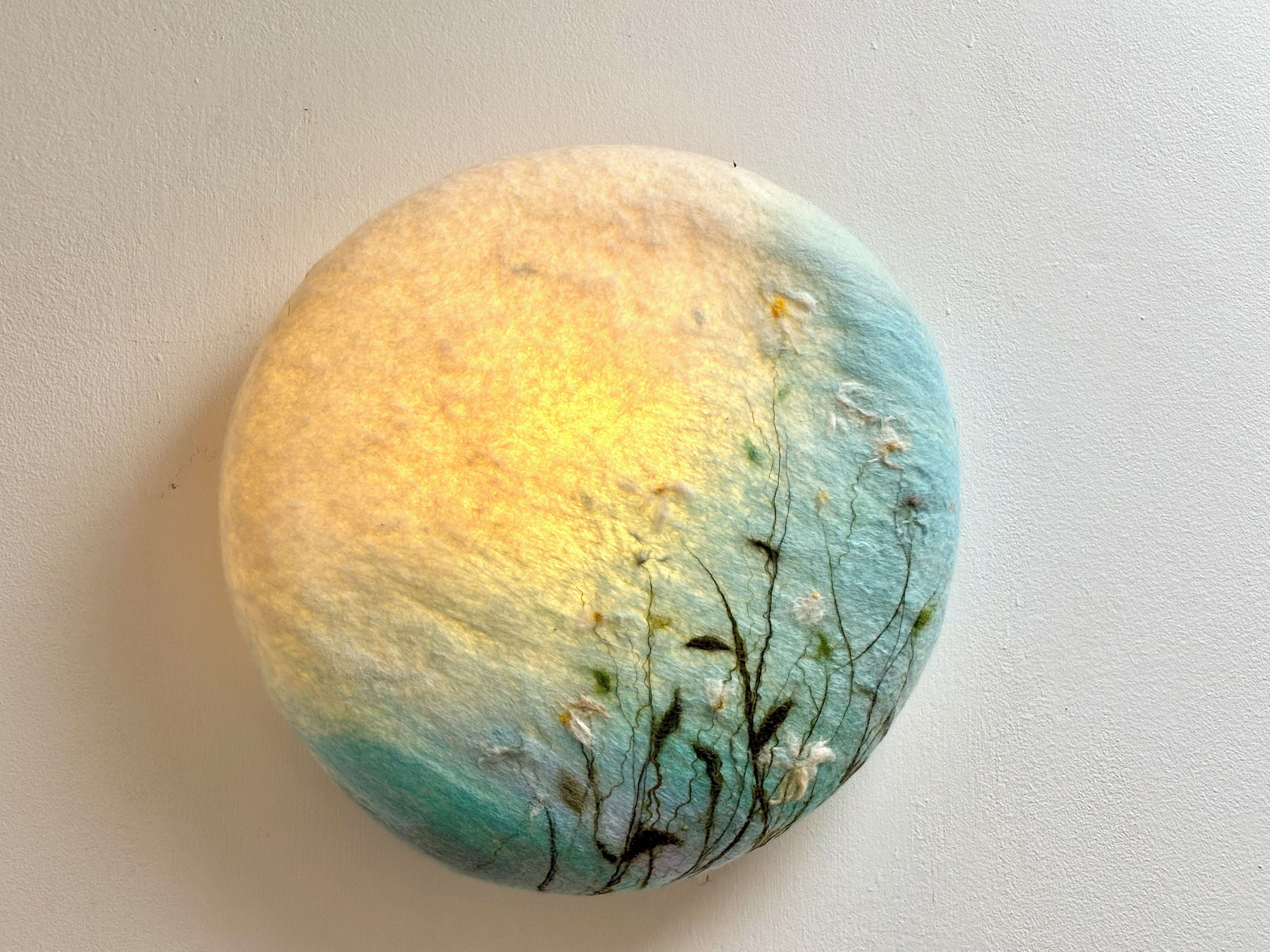 A round object with a textured surface and a gradient of colors from yellow to blue.