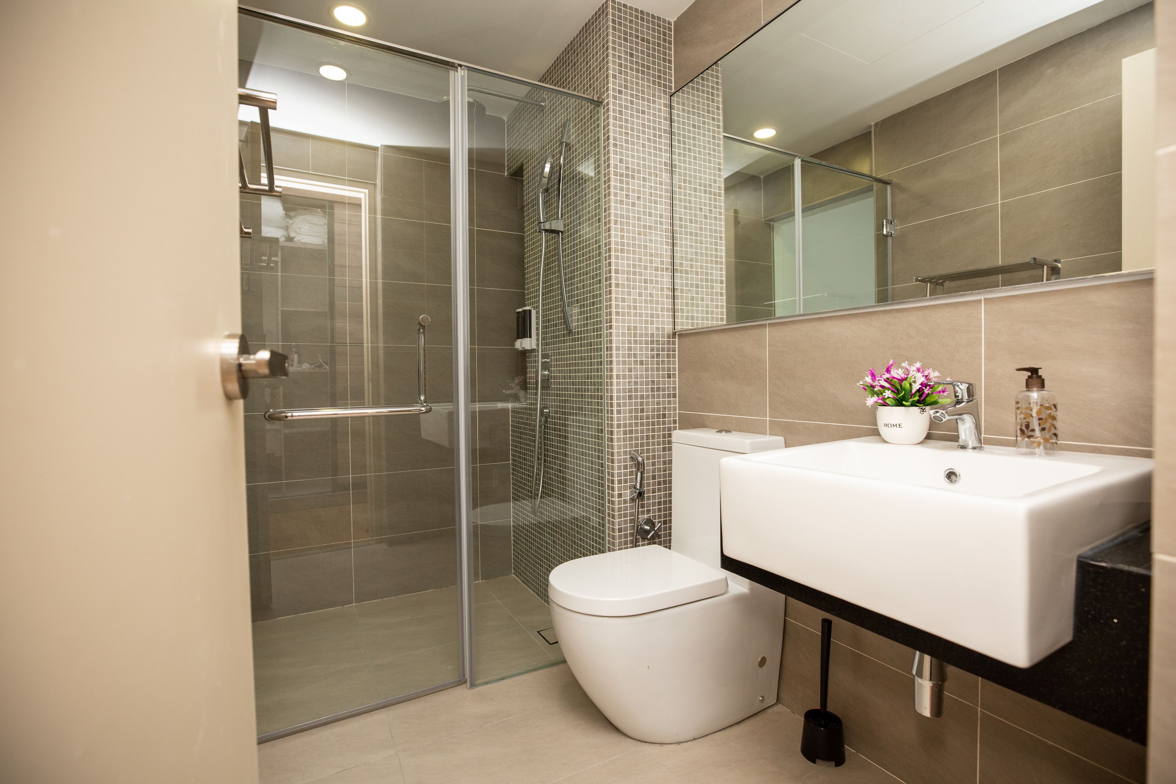 A modern bathroom with a glass-enclosed shower, a white toilet, and a sink with a mirror above.