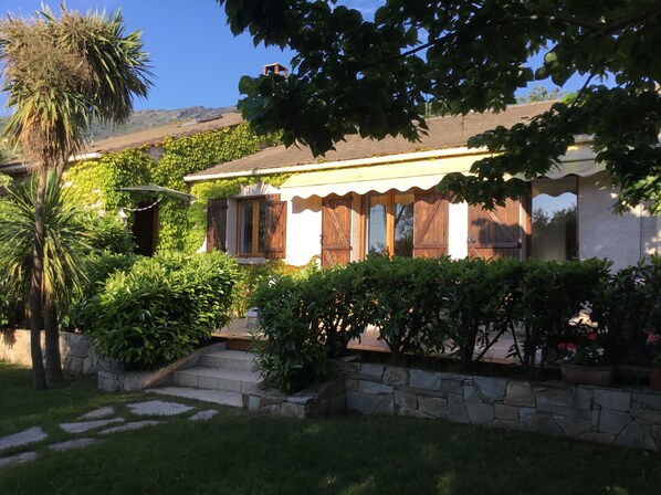 Una casa con una escalera de piedra que conduce a la puerta principal, rodeada de abundante vegetación y una palmera.