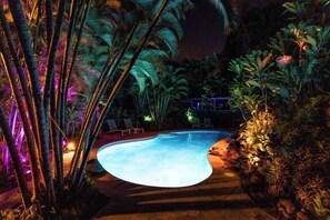 Ein Swimmingpool, umgeben von tropischer Vegetation und Palmen, mit einigen Liegestühlen und einem Weg zu einem Gebäude.