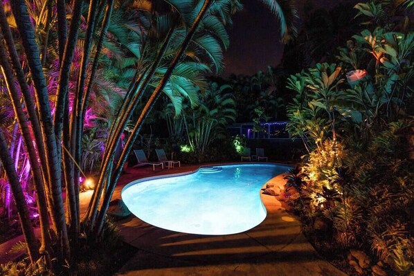 A swimming pool surrounded by tropical plants and palm trees, with a few lounge chairs and a pathway leading to a building.
