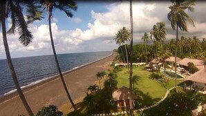 A beach resort with palm trees, a pool, and a view of the ocean. - Large luxury beach villa, max 10 people, beautiful volume, typical Balinese (kubutambahan)
