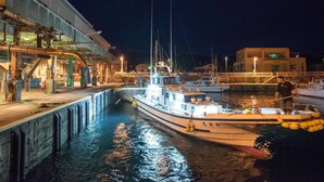Escena nocturna de un puerto con barcos amarrados, un puente y edificios industriales.