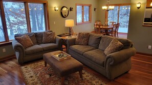 Smart TV, fireplace, DVD player, music library
