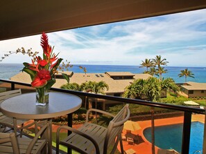 Outdoor dining - Oceanview condo with 3 bedrooms, 3 1/2 baths and AC throughout (Koloa)