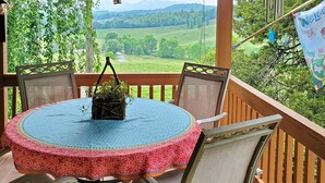 Un espace extérieur aménagé, abrité et doté d’une table et de chaises, offrant une vue panoramique sur un paysage verdoyant avec des arbres et des collines.