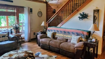 Smart-tv, eldstad, dvd-spelare och böcker