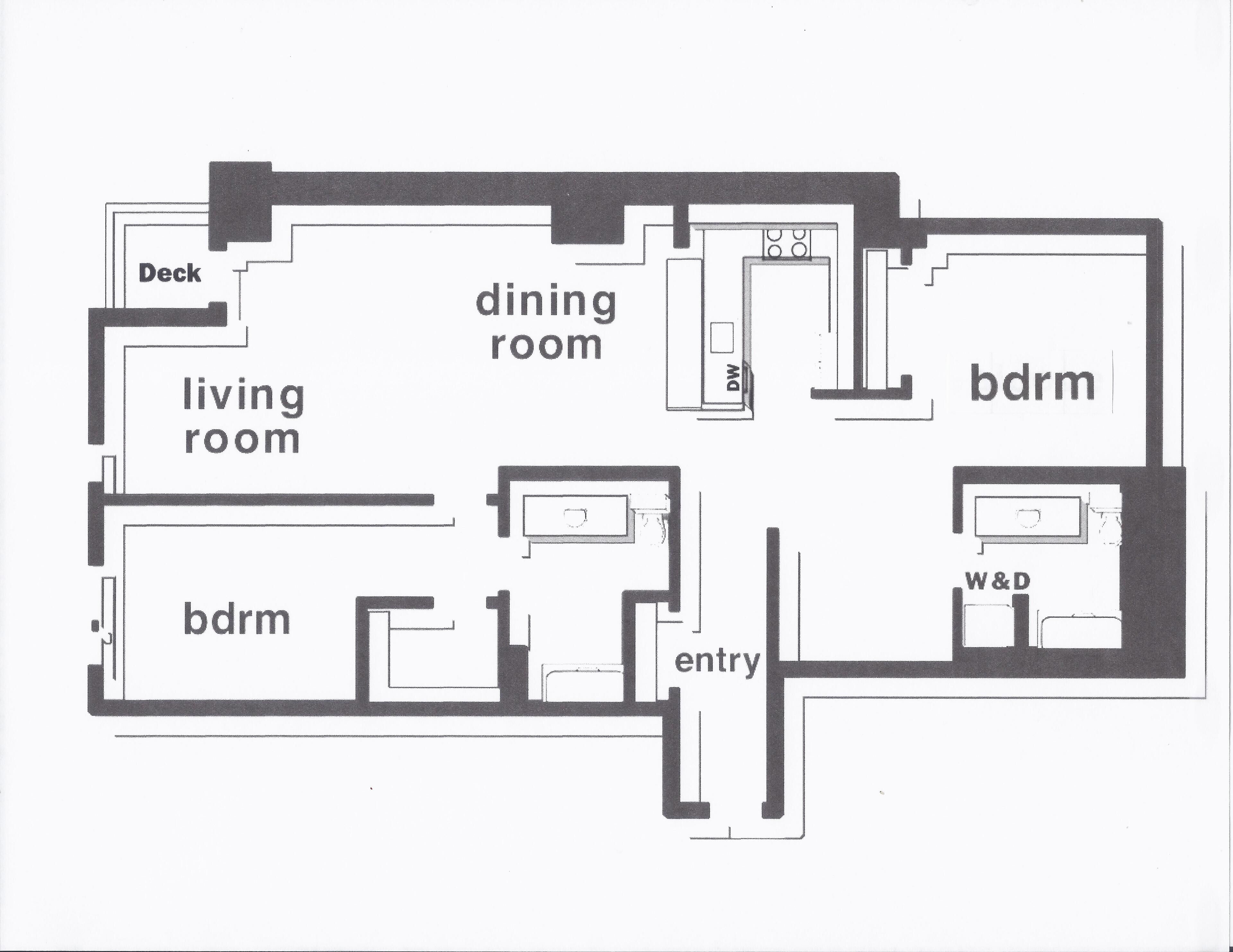 A floor plan with a deck, living room, dining room, bdrm, entry, and W&D.