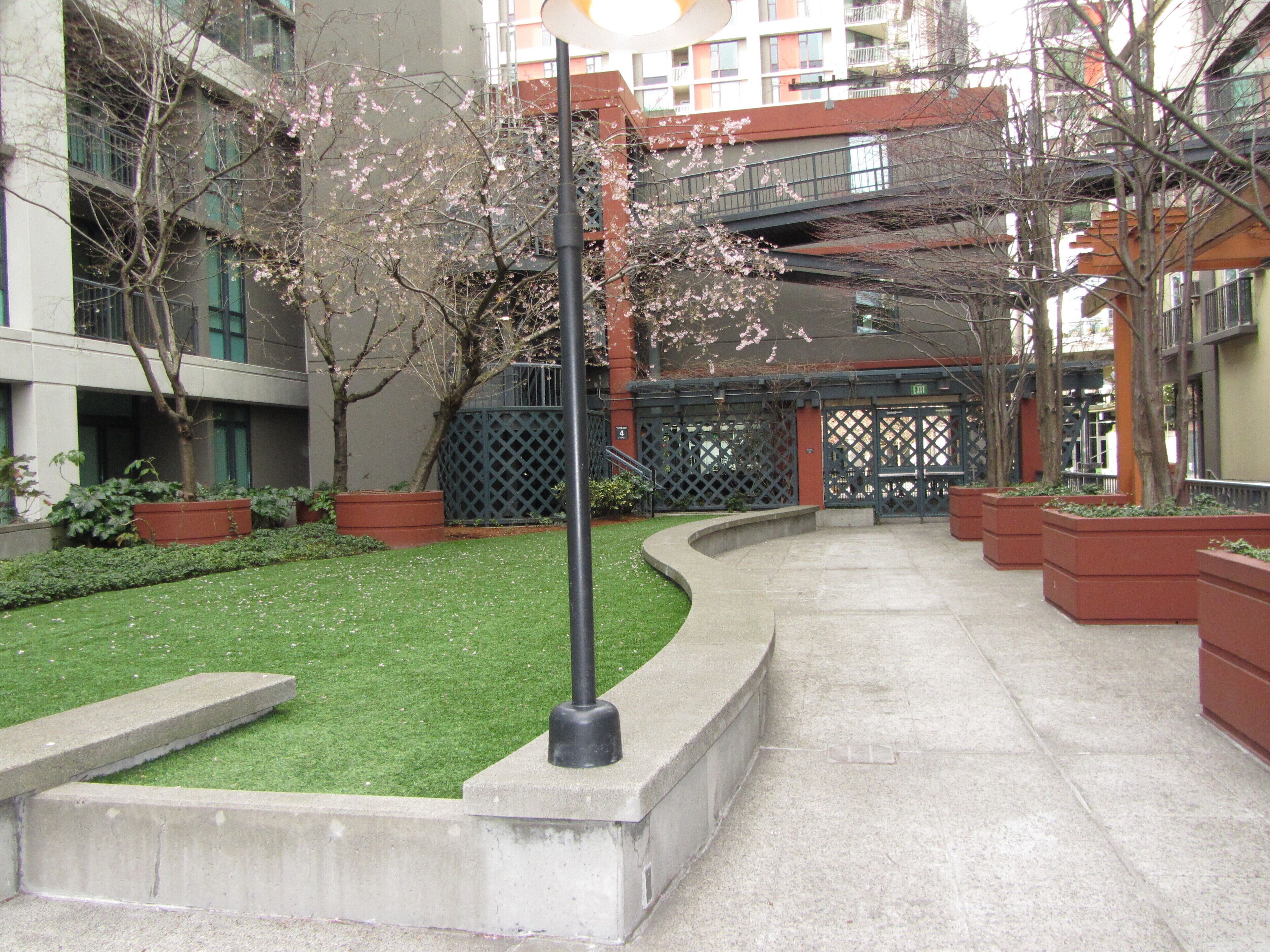 Un patio con un camino central, rodeado de edificios con balcones y ventanas.