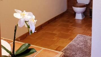 Bañera con ducha, secador de pelo, toallas, papel higiénico