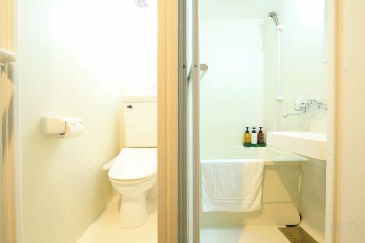 Combined shower/bathtub, slippers, towels