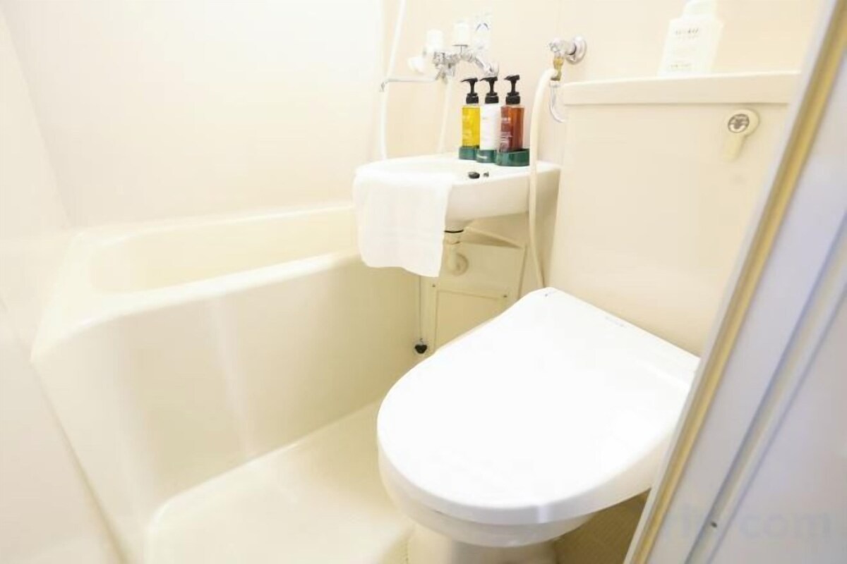 Combined shower/tub, slippers, towels