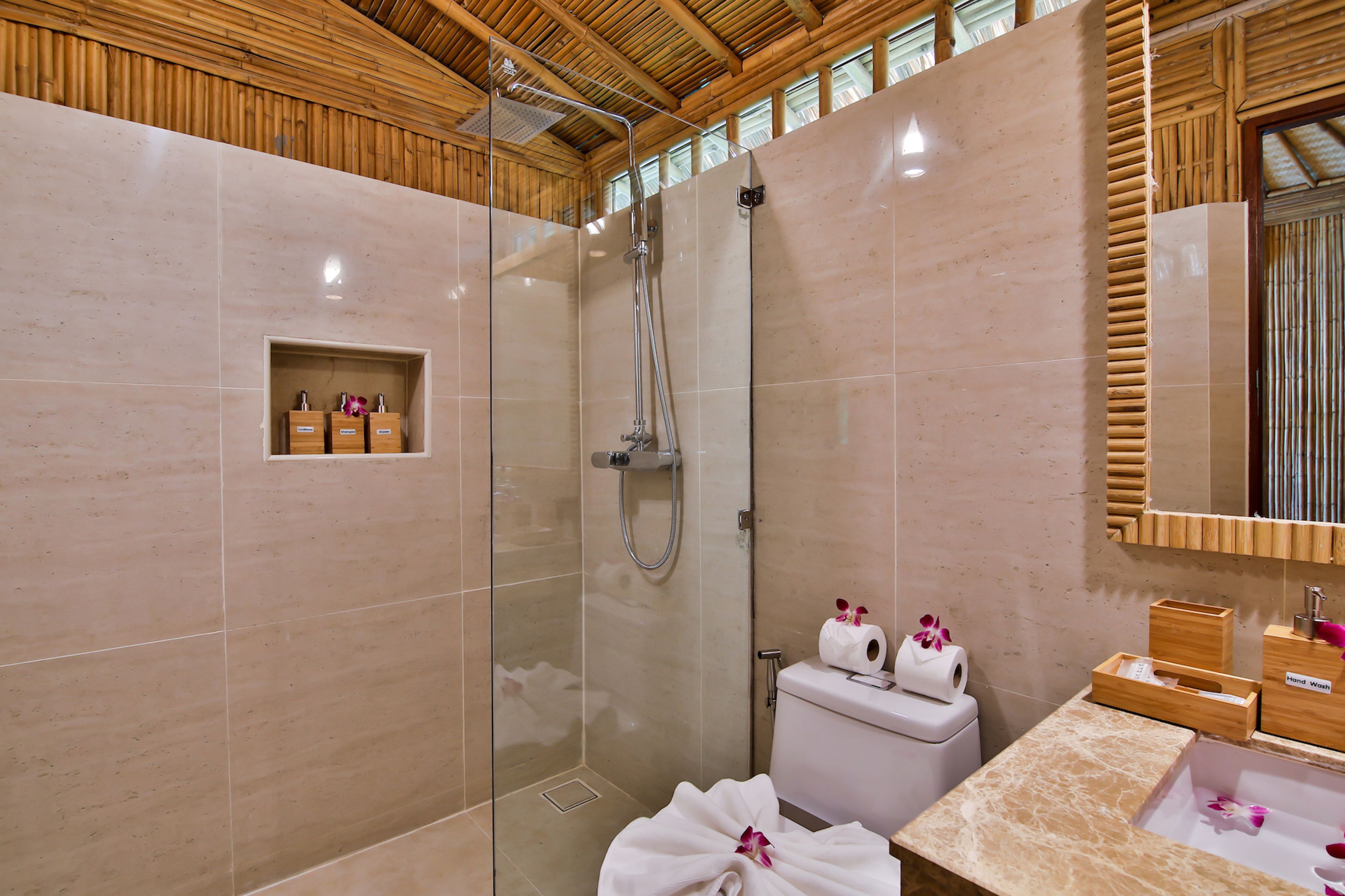 shower, free toiletries, hair dryer, bathrobes