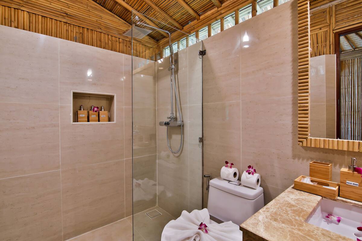 shower, free toiletries, hair dryer, bathrobes