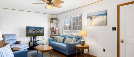 A living room with a blue sofa, a coffee table, a ceiling fan, a TV, a bookshelf, and a window with blinds.