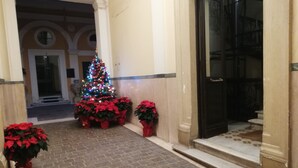 Un couloir décoré d’un sapin de Noël et agrémenté de plantes en pot, des poinsettias rouges.