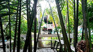 A wooden bridge in a lush, tropical setting with dense foliage on either side. - Baan Klangsuan Bang Korbua (Phra Pradaeng)
