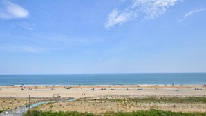 Une plage avec un rivage sablonneux, un ciel dégagé et une mer calme.