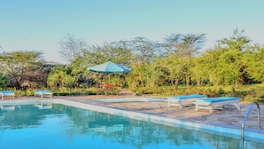 A swimming pool with lounge chairs and an umbrella, surrounded by greenery.