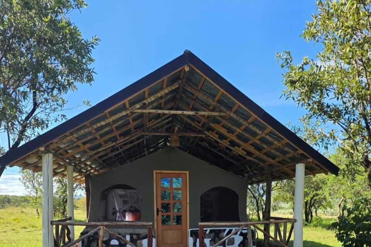 A rustic lodge with a wooden roof, a central door, and a stone pathway leading to it.