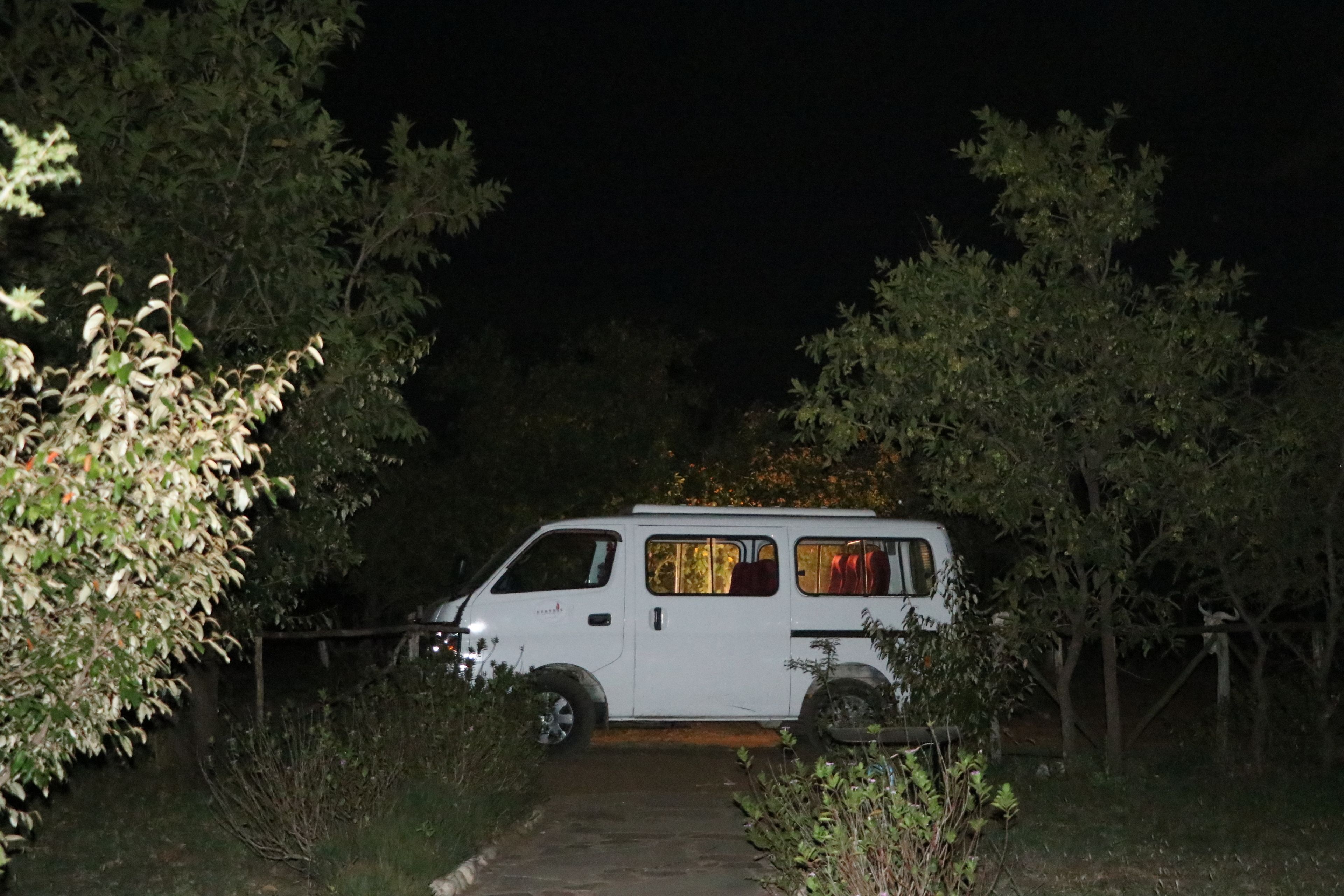 Een witte bus geparkeerd in een bebost gebied in de nacht.