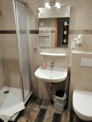 A bathroom with a shower, toilet, sink, and a mirror above the sink. - Gasthaus Wagner (Golzow)