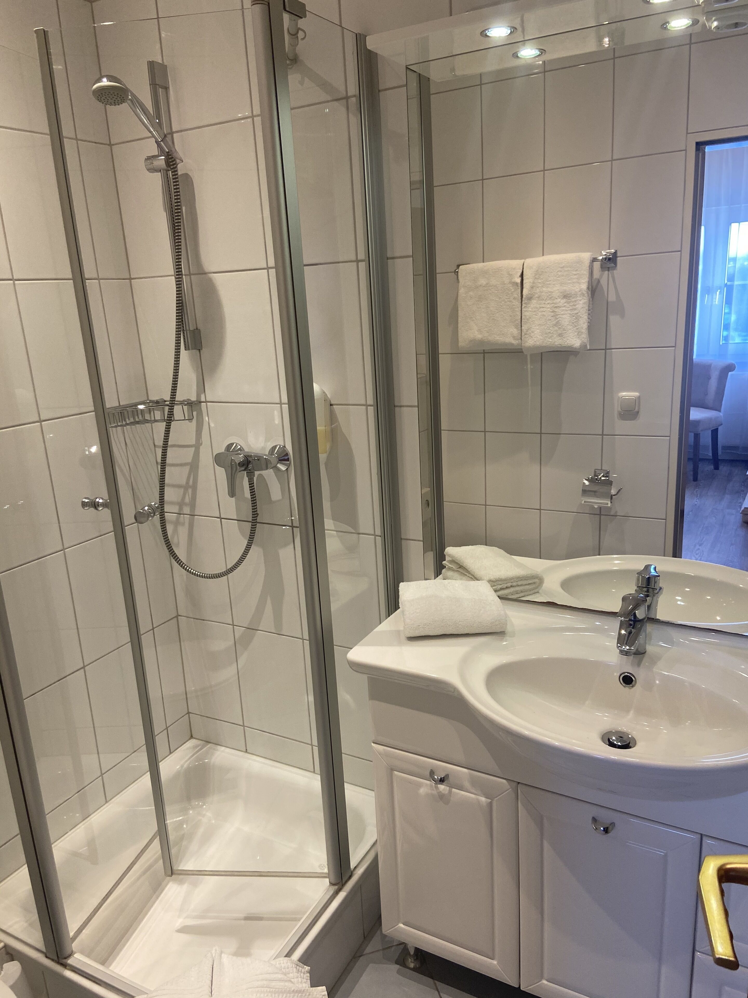 A modern bathroom with a glass-enclosed shower, a white sink, and a mirror.