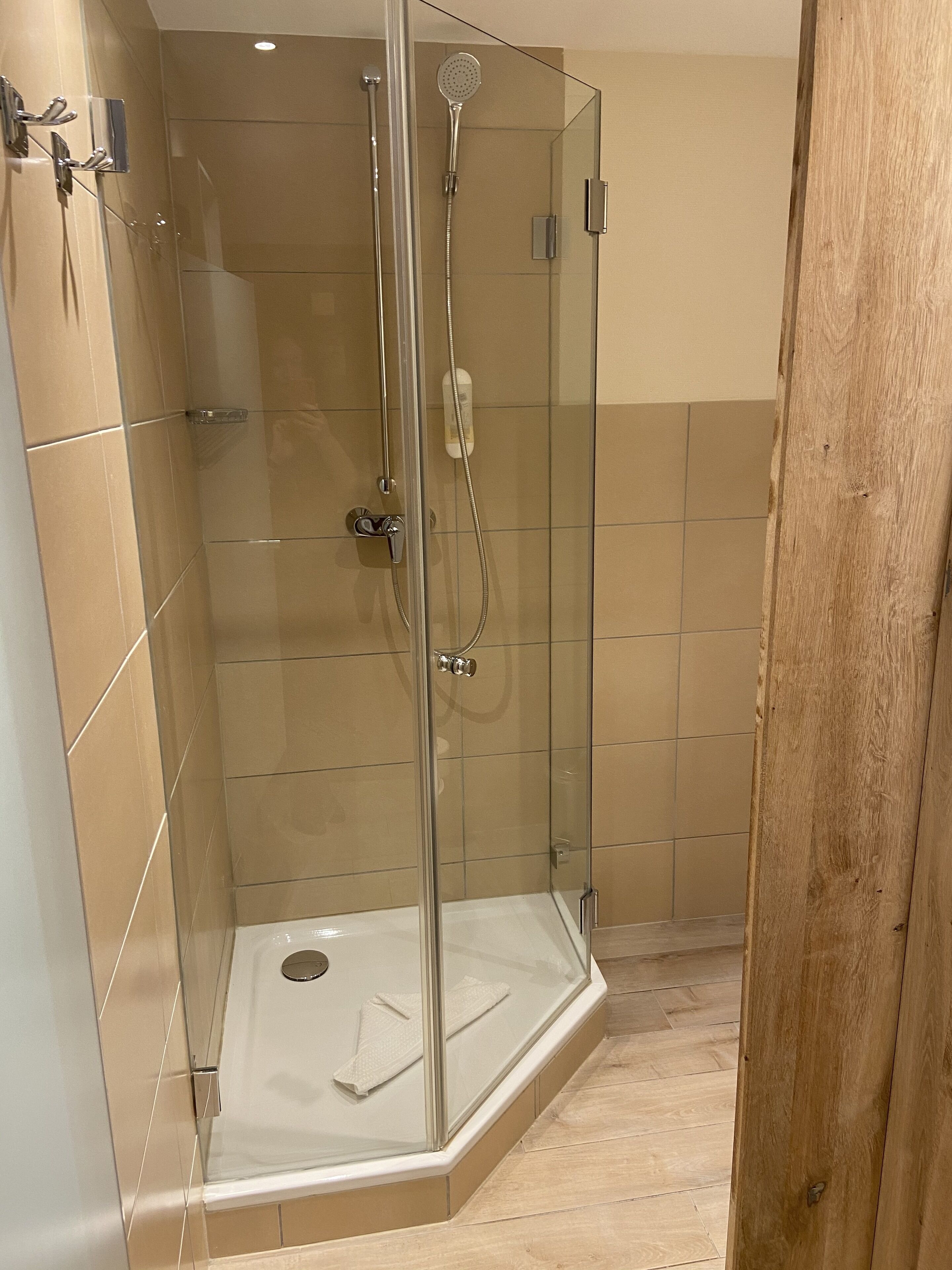 A glass-enclosed shower stall with a handheld showerhead and a wall-mounted faucet.