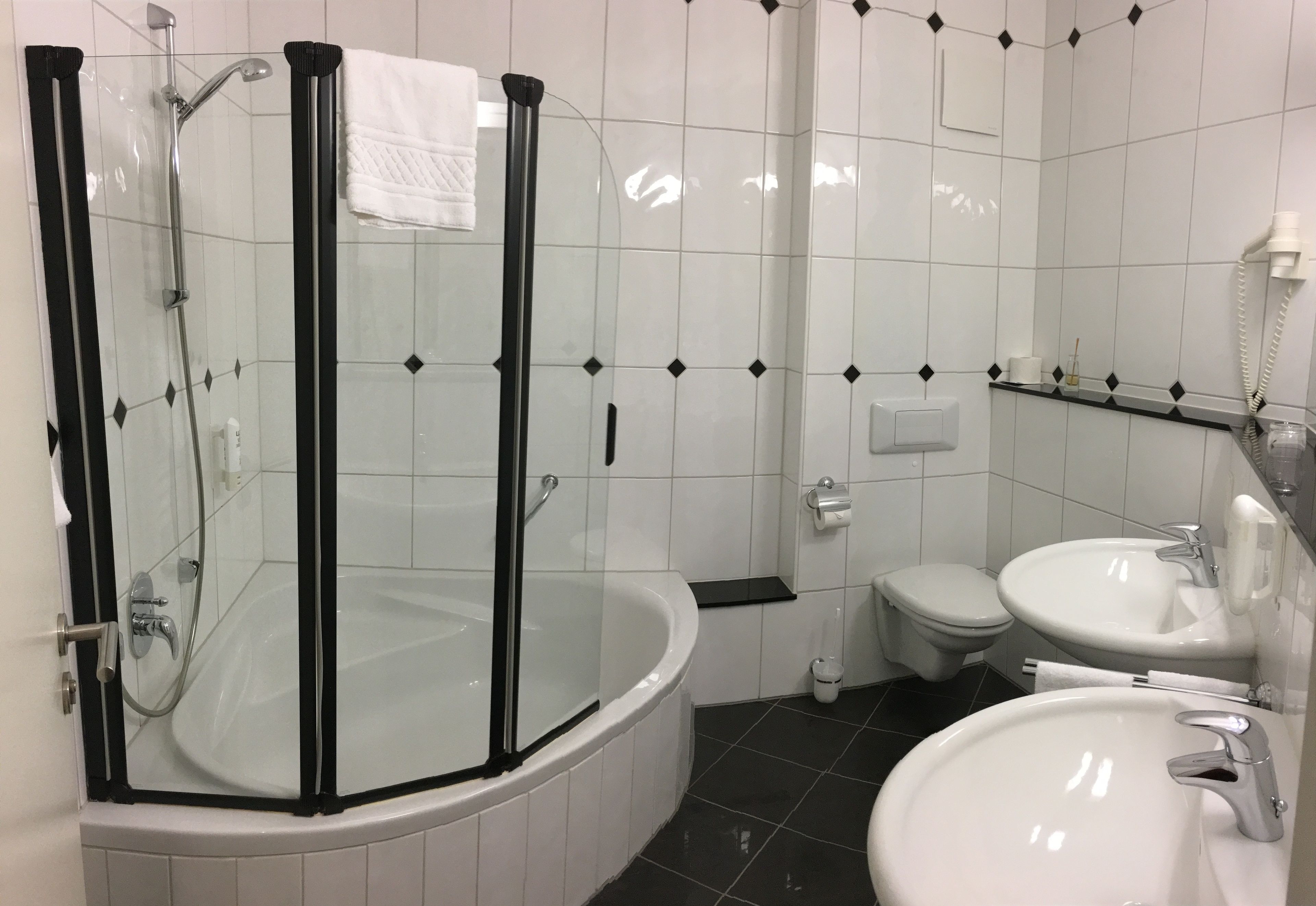 free toiletries, hair dryer, towels