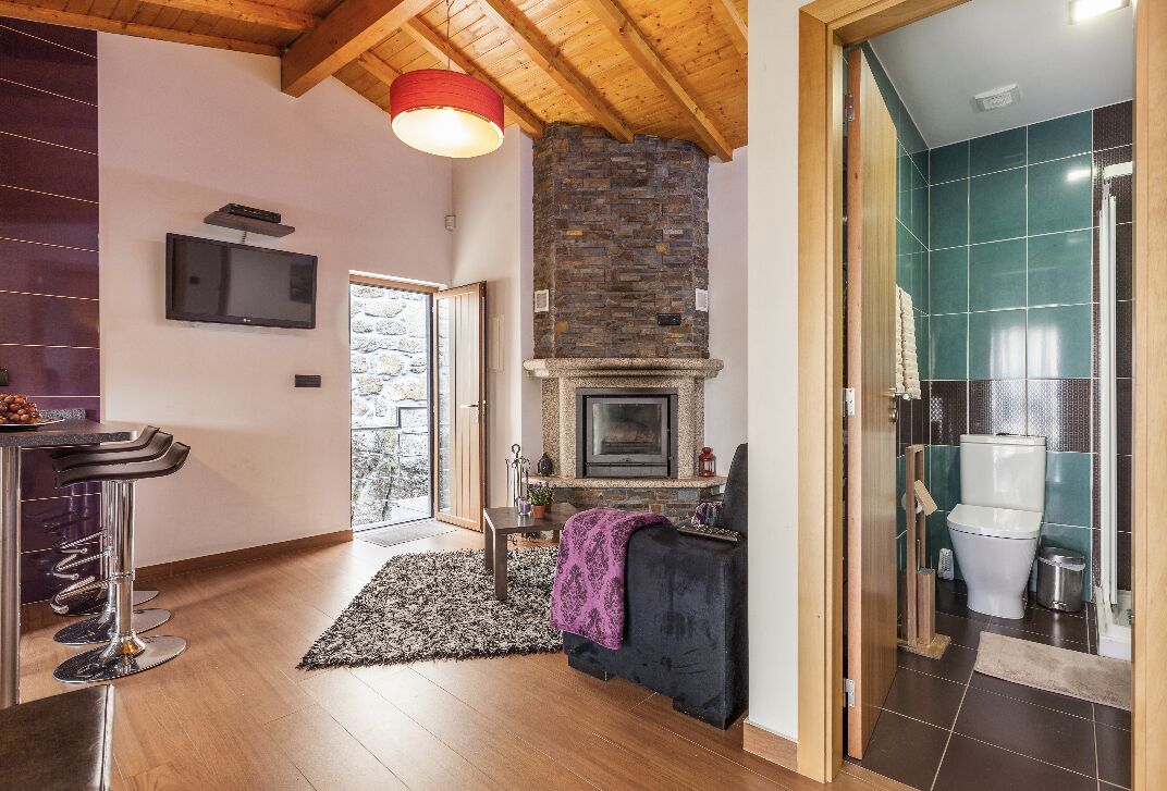 A modern interior with a stone fireplace, a bar area with stools, and a view to a stone wall.
