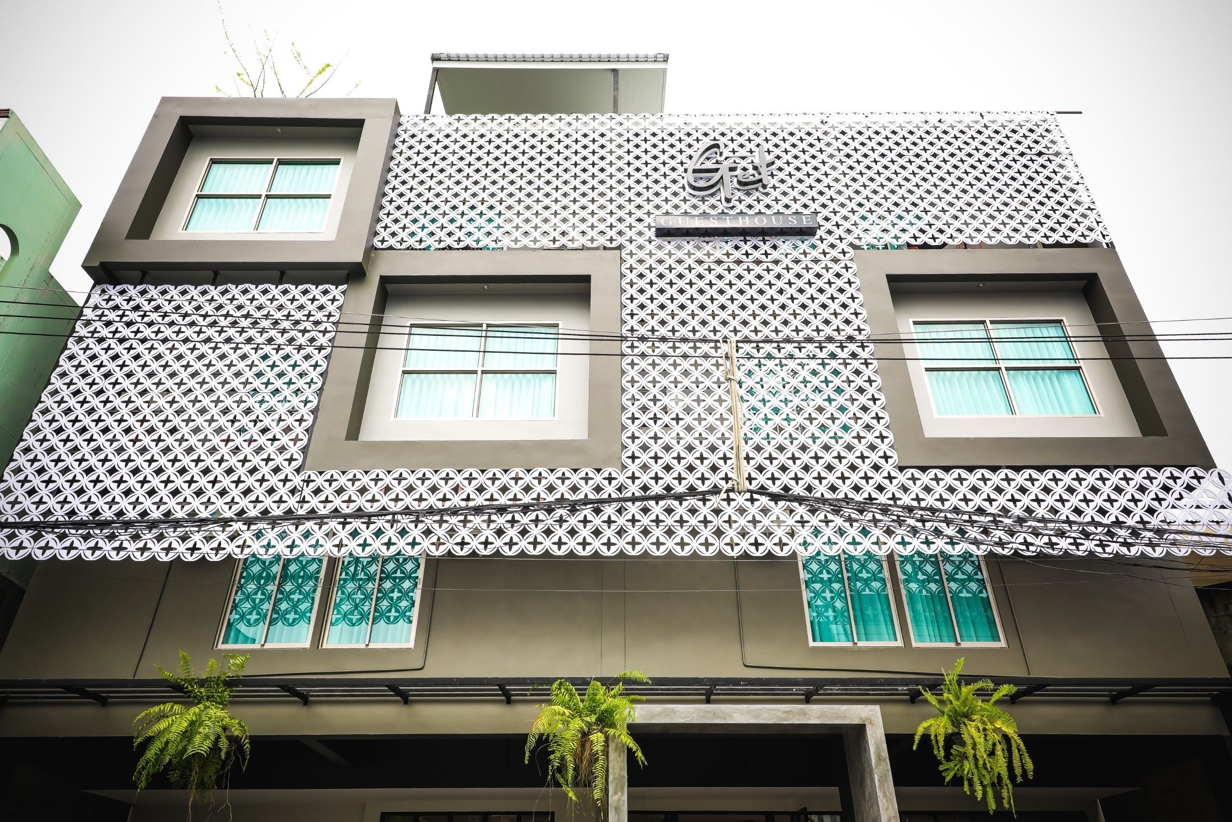 A building with a geometric facade, multiple windows, and hanging plants.